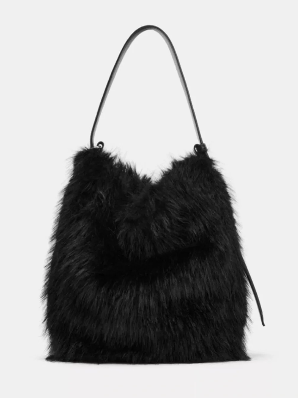 Zara Black Faux-Fur Hobo Bag with Adjustable Strap